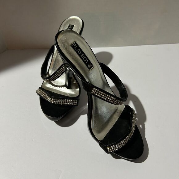 Playboy, Strappy Rhinestone 5.5" Black and Silver Heels, sz 9, Y2K - Picture 1 of 8